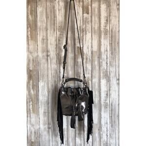 BRIAN ATWOOD Pippa Drawstring Small Metallic Gray Pewter Leather Bucket Bag NWT